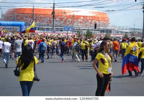 Saransk, Mordovia, Russia, June 19, 2018 Football Fans Pre-Match Colombia vs Japan 2018 world cup